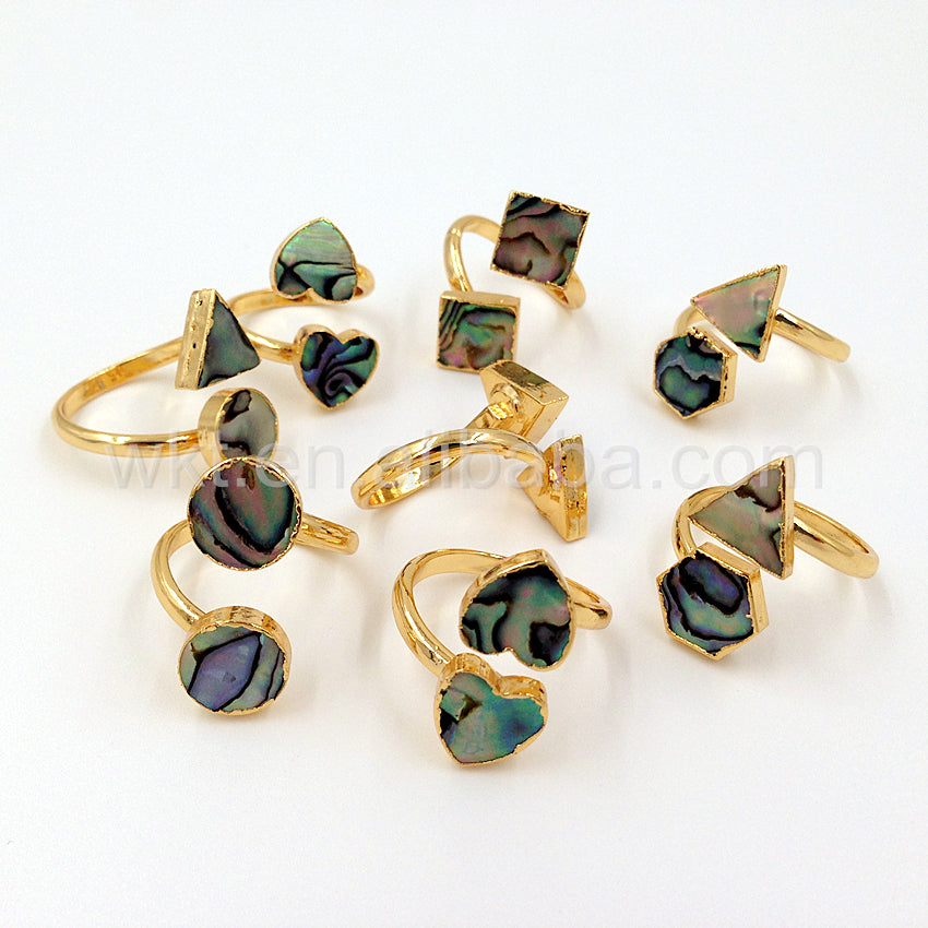 WT-R241 Wholesale 24k Gold Trim Lovely Abalone Shell Ring Double Stone Natural Abalone Shell Ring for Women Wedding Ring