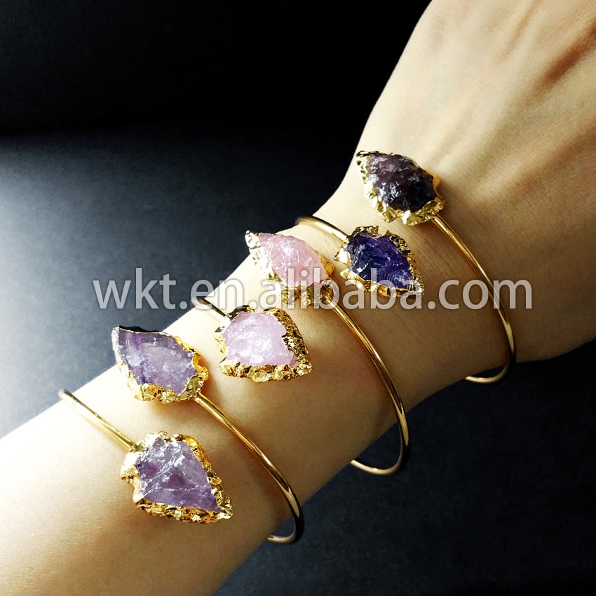 WT-B183 Vintage Fashion Trendy Wholesale Double Arrowhead Amethyst Bracelet, 24k Adjustable Gold Plated Cuff Bracelet