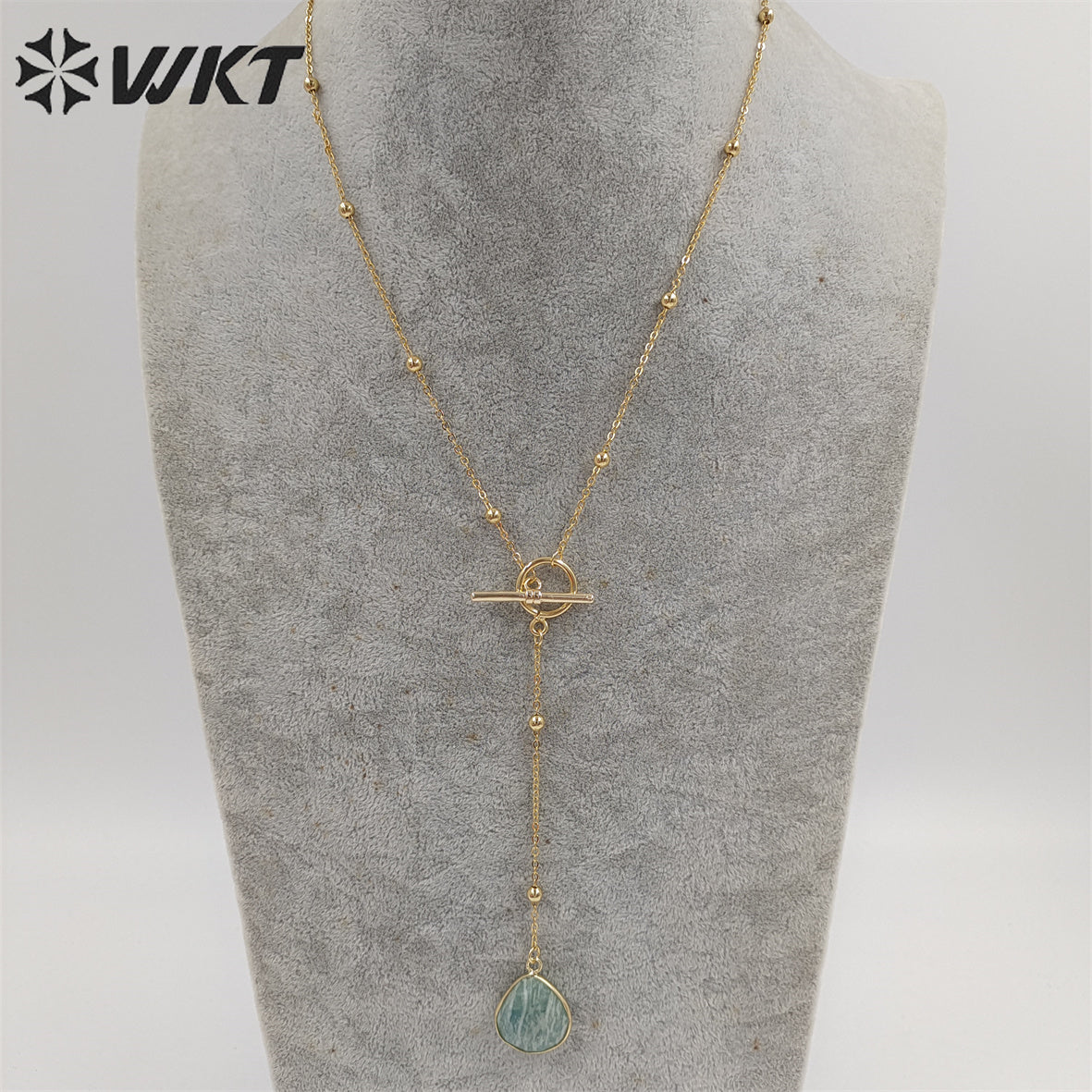 WT-N1386 WKT Newest Fashion Gold Plated Women Lariet Pendant Necklace Gold Beads Chain Themed Stone Necklace