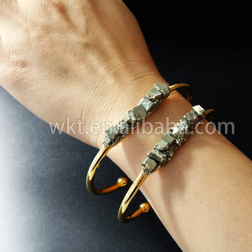 WT-B204 Fashion Trendy Wholesale Nature Pyrite Cuff Banles for Gift Women Raw Pyrite Gold Cuff Stacking Bracelet