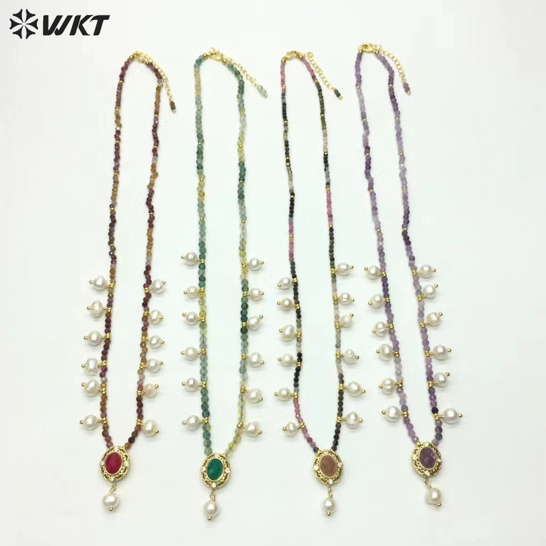WT-N1473 WKT Elegant Handmade Natural Faceted Tiny Gemstone Beads Craft Delicate 16 Inch Long Stone Necklace