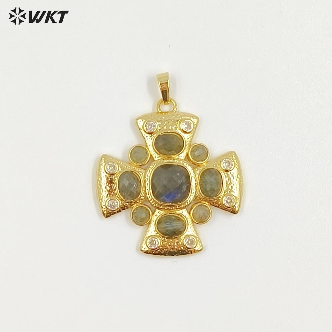 WT-MP318 Wholesale Amazing Gold Plated Zircon and Natural Labradorite Lapis Gemstones Cross Pendants For Luxury Jewelry Making