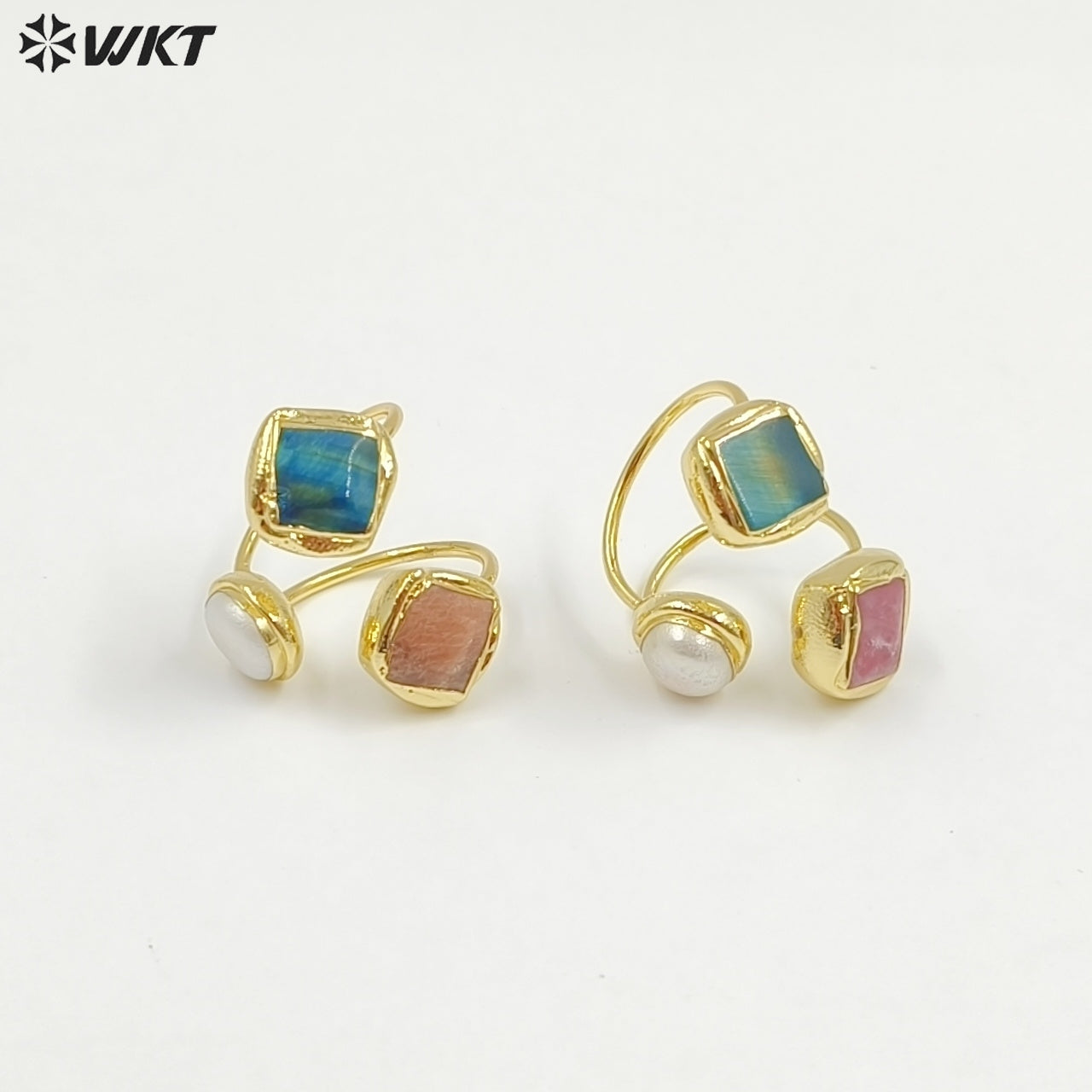 WT-R573 Wonderful Vintage Style 18K Gold Plated Double Natural Stones And Pearl Adjustable Women Rings As Party Present