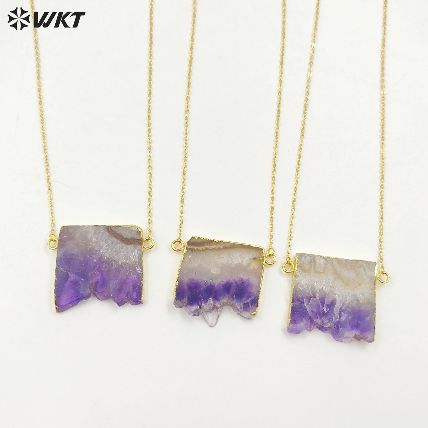 WT-N121 Amazing Unique Slice Natural Druzy Amethyst Stone Necklace With 18K Gold Plated on Trim Energy Gemstone Pendant