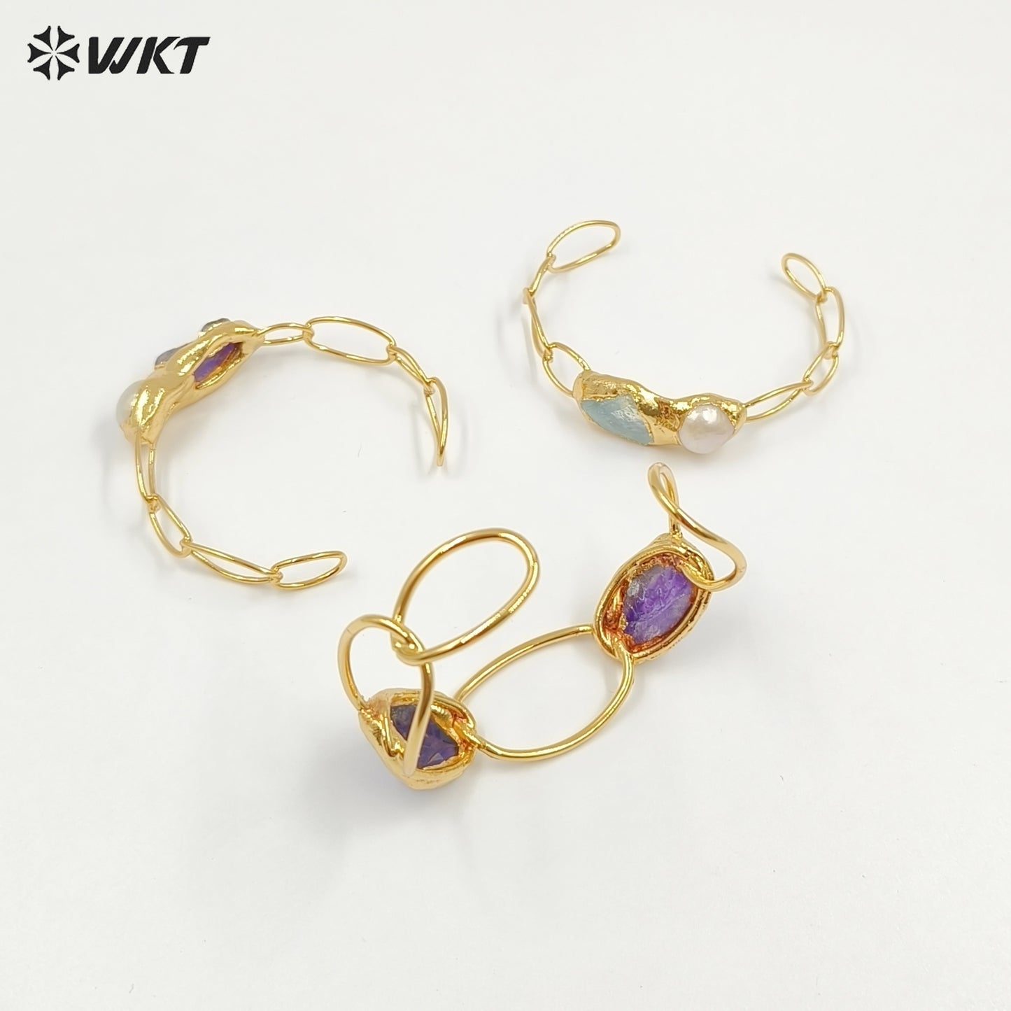 WT-B699 Wonderful Natural Gemstones Amethyst And Pearl Gold Plated Adjustable Size Bangles For Women Birthday Gift Free Shipping