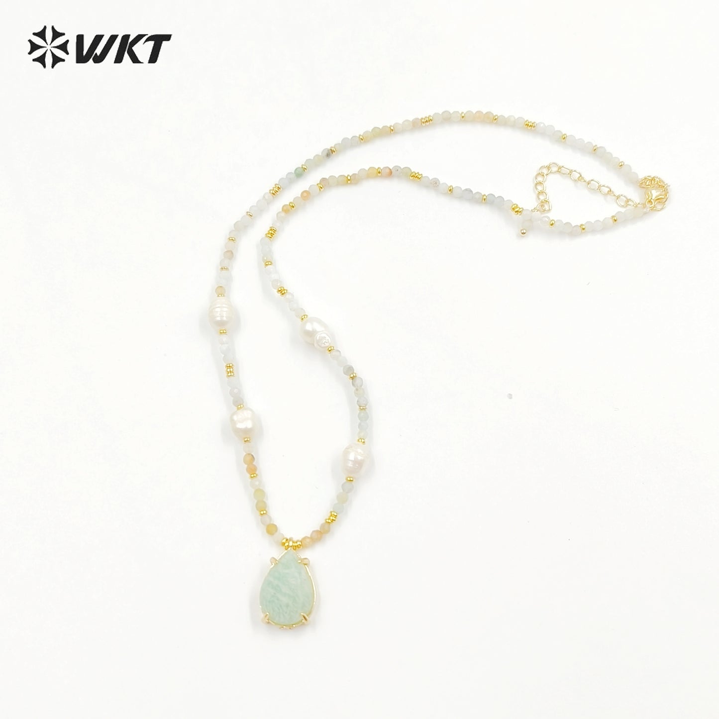 WT-N1436 16+2inch Colorful Chain Natural Gemstone Extend Chain Long Stone Beads Pearl Pendant Necklace
