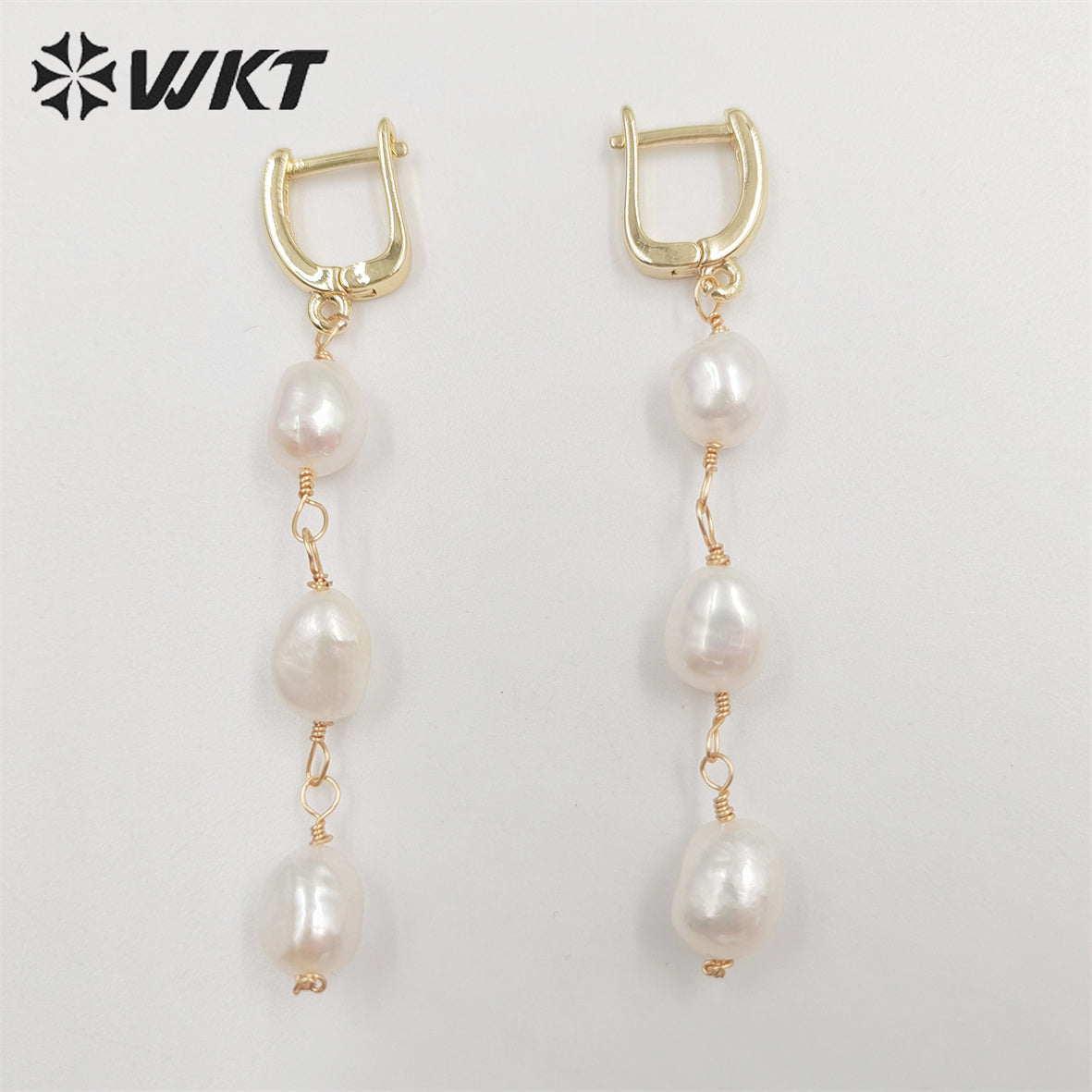 WT-MPE078 New Elegant Triple Freshwater Pearl Beads Make Clasp Earrings Fashion Gold Dangling Wire Wrapped Real Pearl Earrings