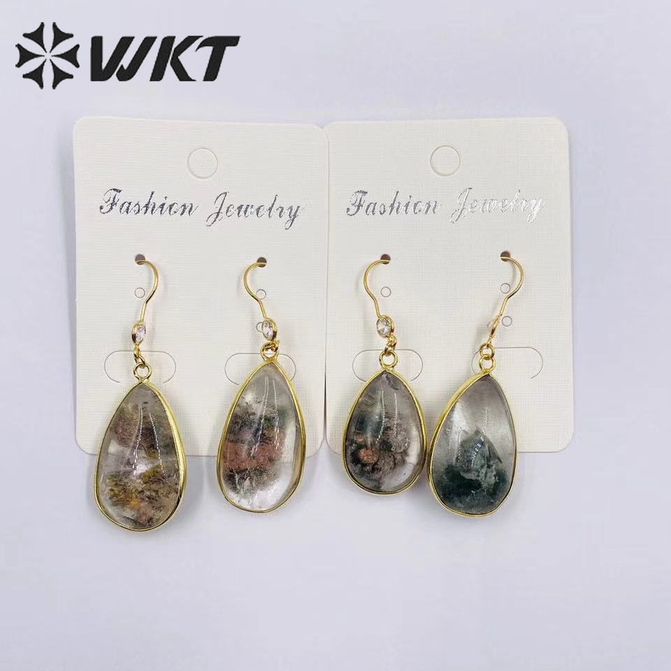 WT-E718 Classical Irregularity Healing Transparency Moss Agate Exquisite Gold Plated Needle Earrings Energy Healing Quartz Hoop