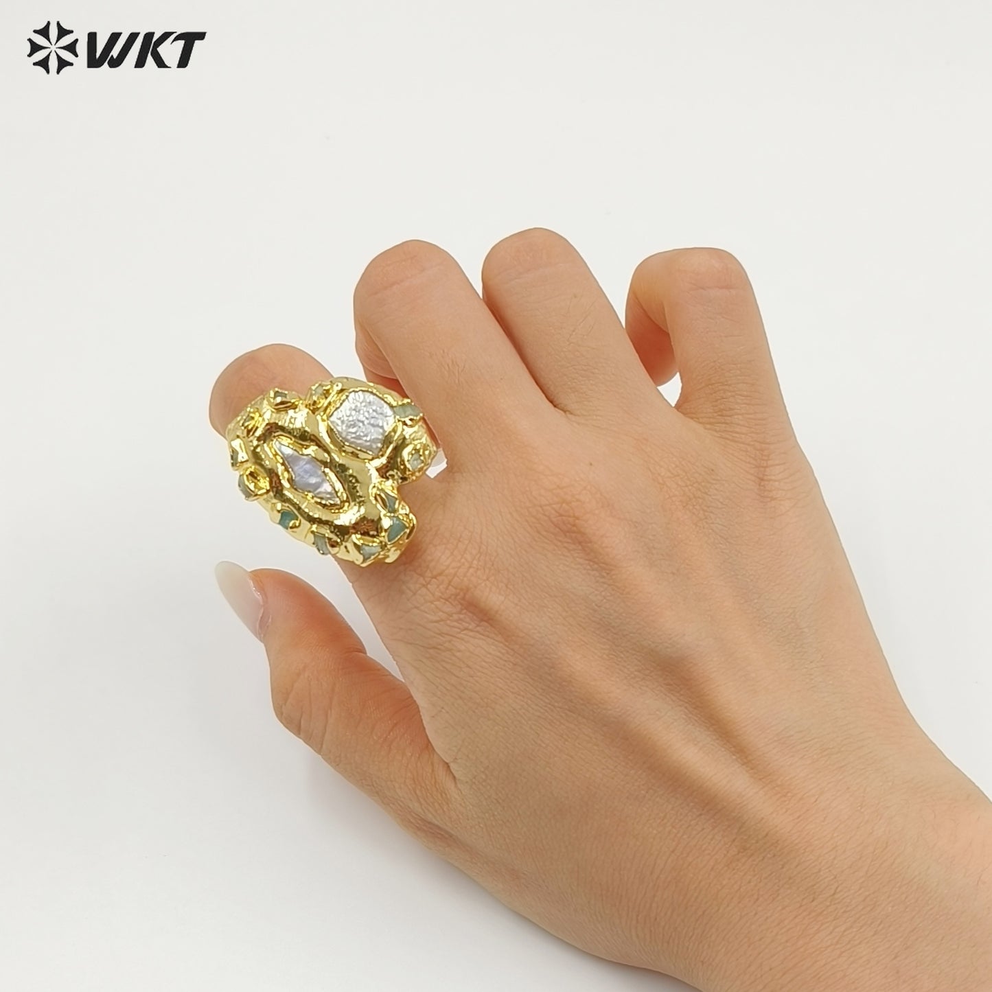 WT-MPR149 Exquisite Luxury Gold Plated Cross Square Natural Freshwater Pearls And Little Stones Women Ring For Wedding Gift