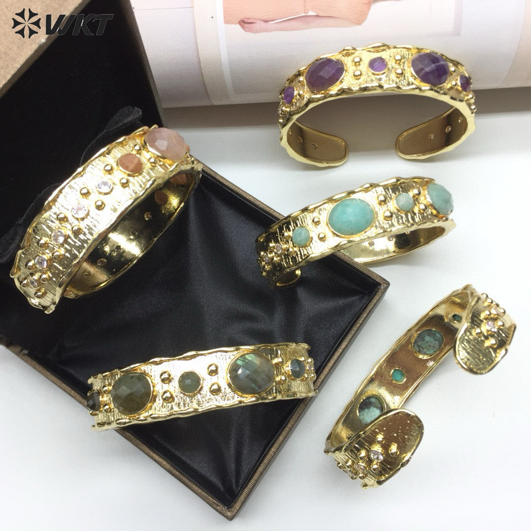 WT-B663 Delicate 18K Real Gold Plated Multi Natural Precious Stones in Bezel Setting Women Birthday Gift Gemstone Bangle
