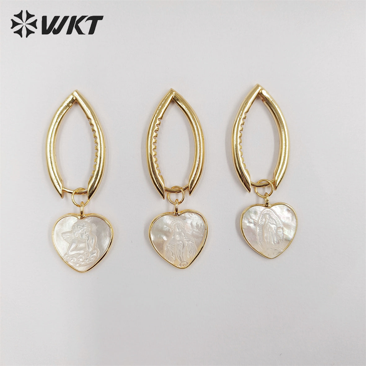WT-MPE090 WKT Unique Gold Metal Long Hoop Natural Mop Heart Shell Earrings Religion Women Virgin Mary Earrings