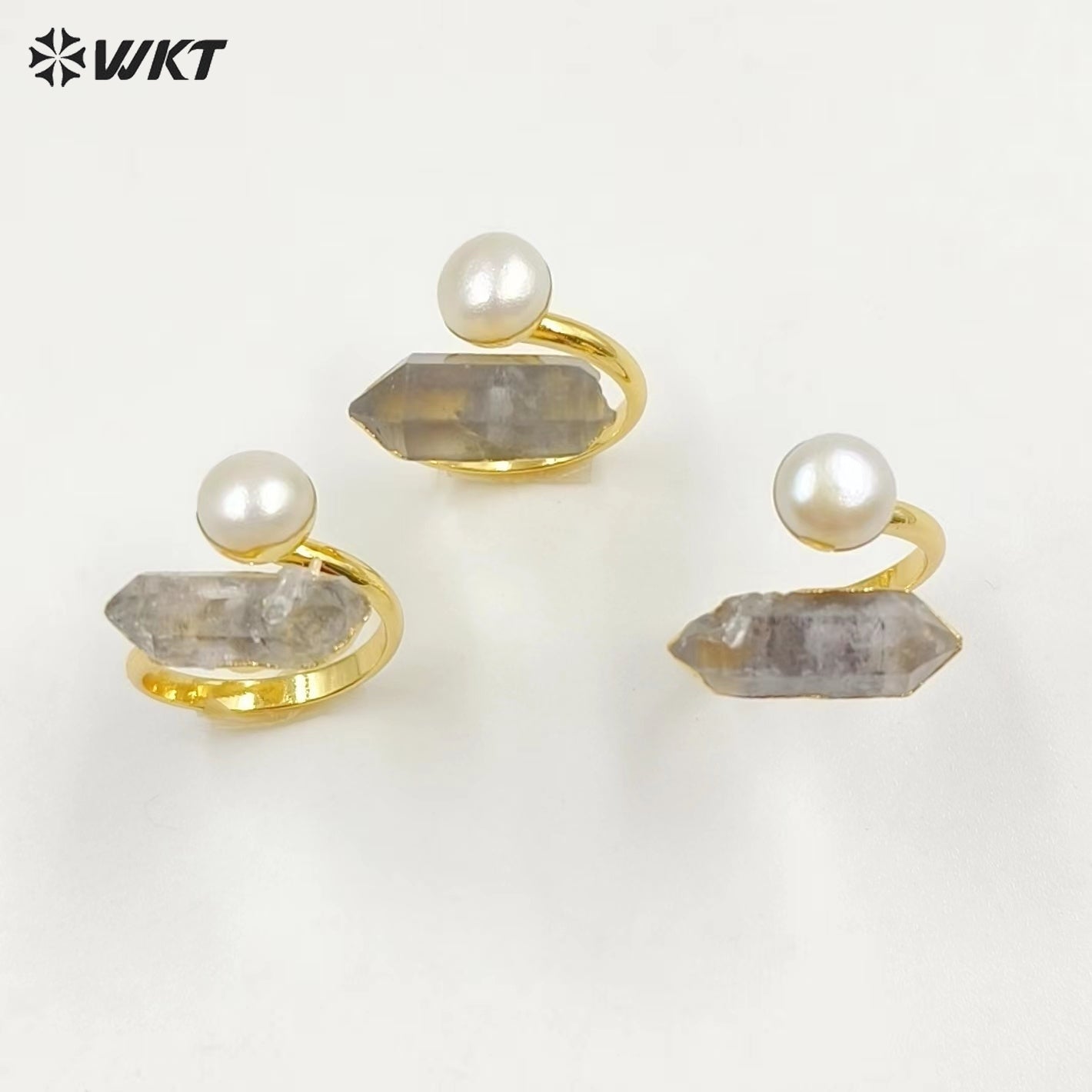 WT-MPR065 Gorgeous Energy Crystal Helkimon Sparkle Diamond Quartz Stone Ring With Pearl for Women Lucky Unique Design