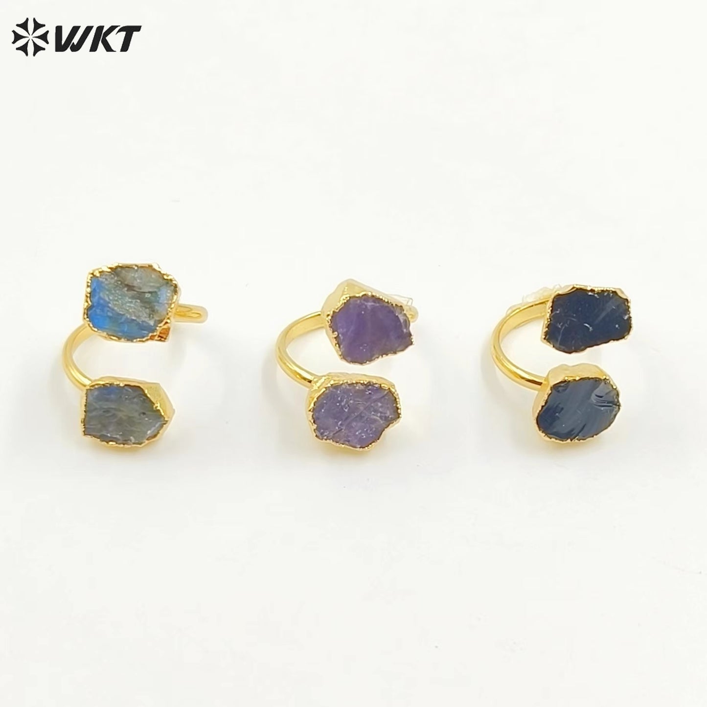 WT-R506 WKT Exclusive Design Double Natural Raw Gemstone Ring Women 18k Gold Plated Quartz Stone Birthday Gift