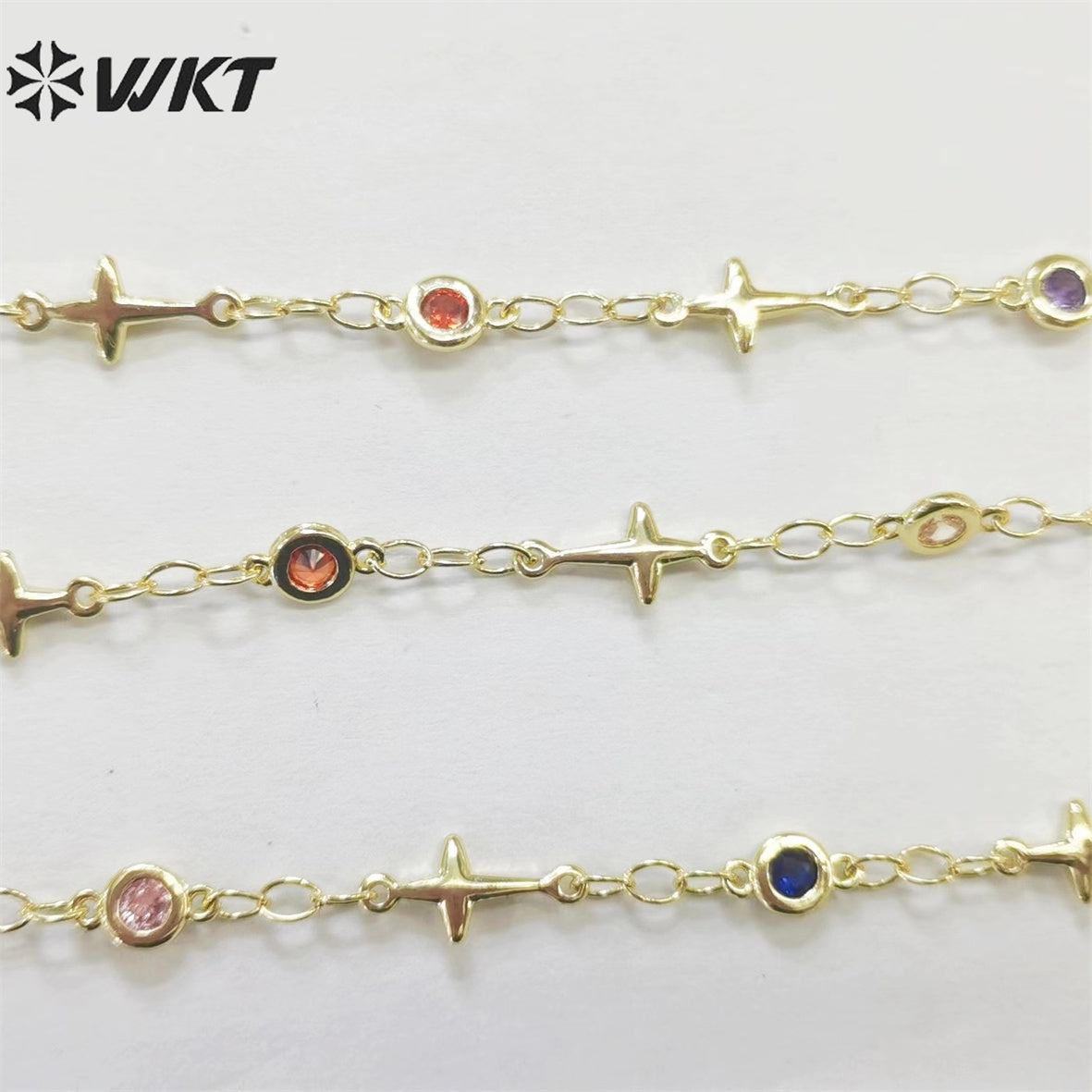 WT-RBC213 Fashion Gold Plated Colorful Cubic Zircon Cross Chain Religious Charming Jewelry DIY Making Chain for Bracelet