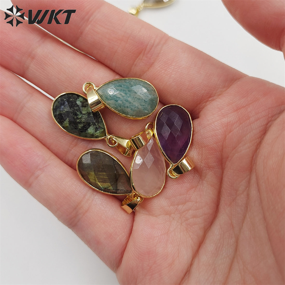 WT-P1891 Wholesale Fashion Gold Plated Bezel Setting Tiny Waterdrop Stone Pendant Amazonite Tiny Gemstone Drop Charms