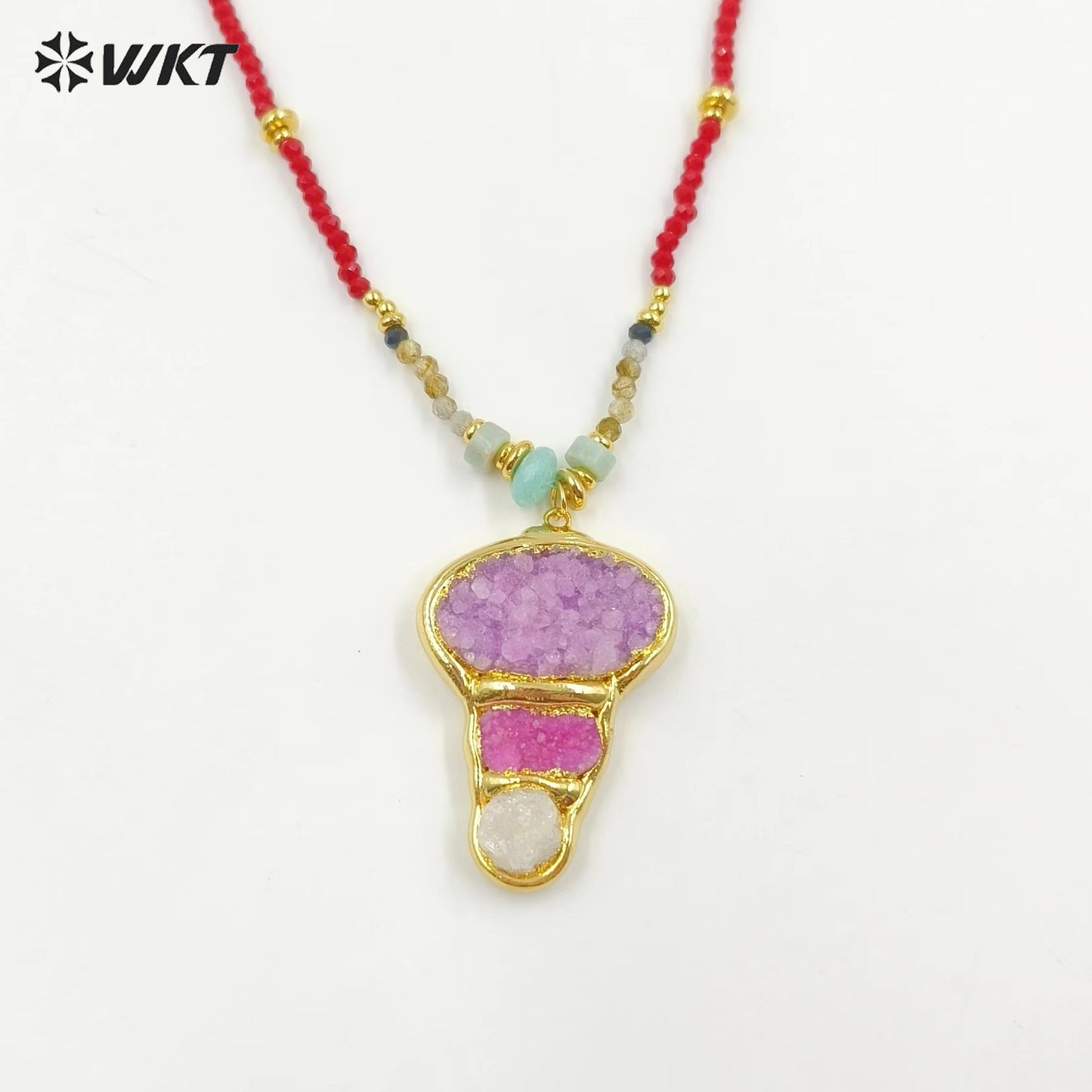 WT-N1452 Amazing Flame Color 3mm Beads Hand Strand With Natural Druzy Quartz Stone Pendant Fashion Boho Women Necklace