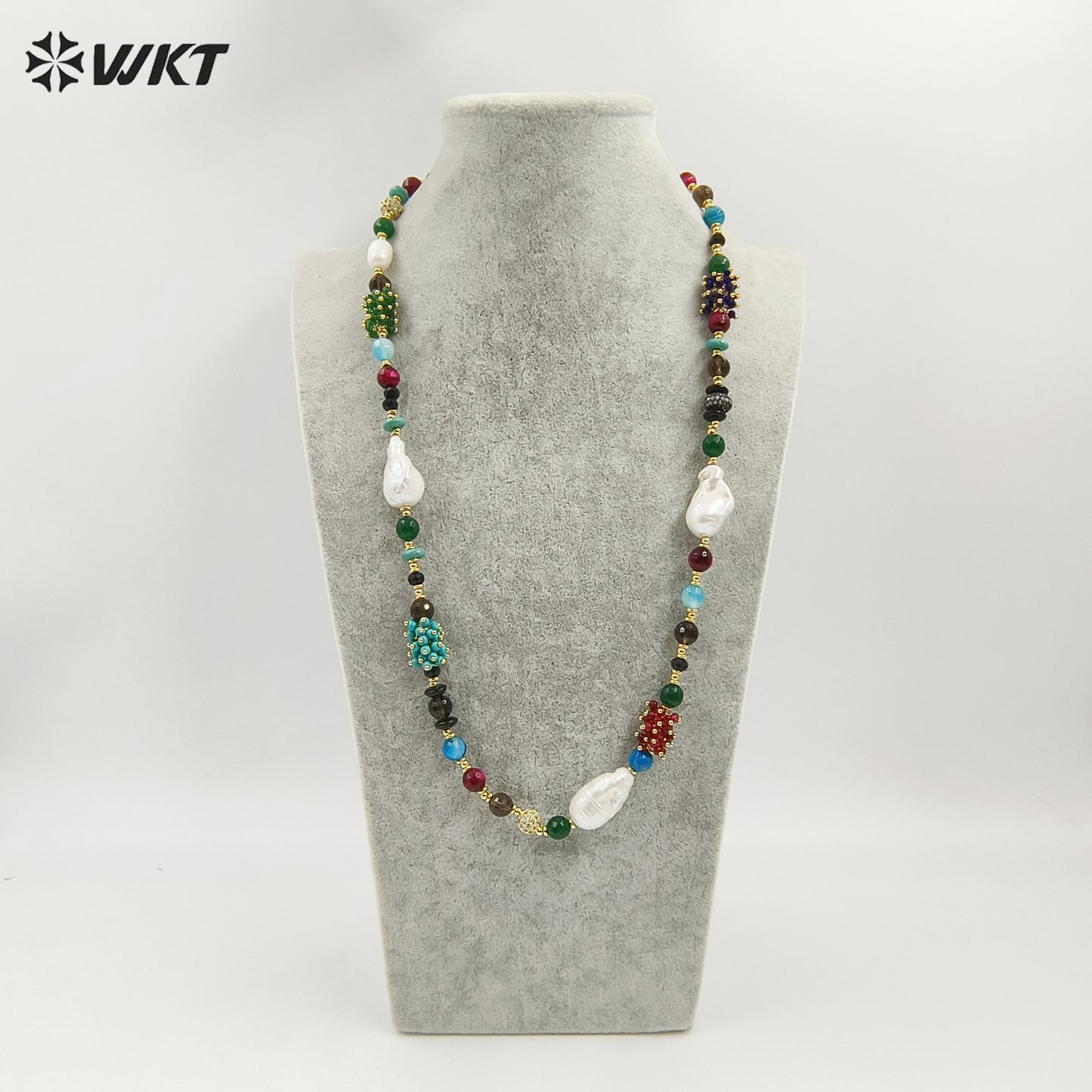 WT-JN264 Gorgeous 8MM Round Faceted Natural Agate and Baroque Pearl Lady Beads Necklace in 26 Inch Long
