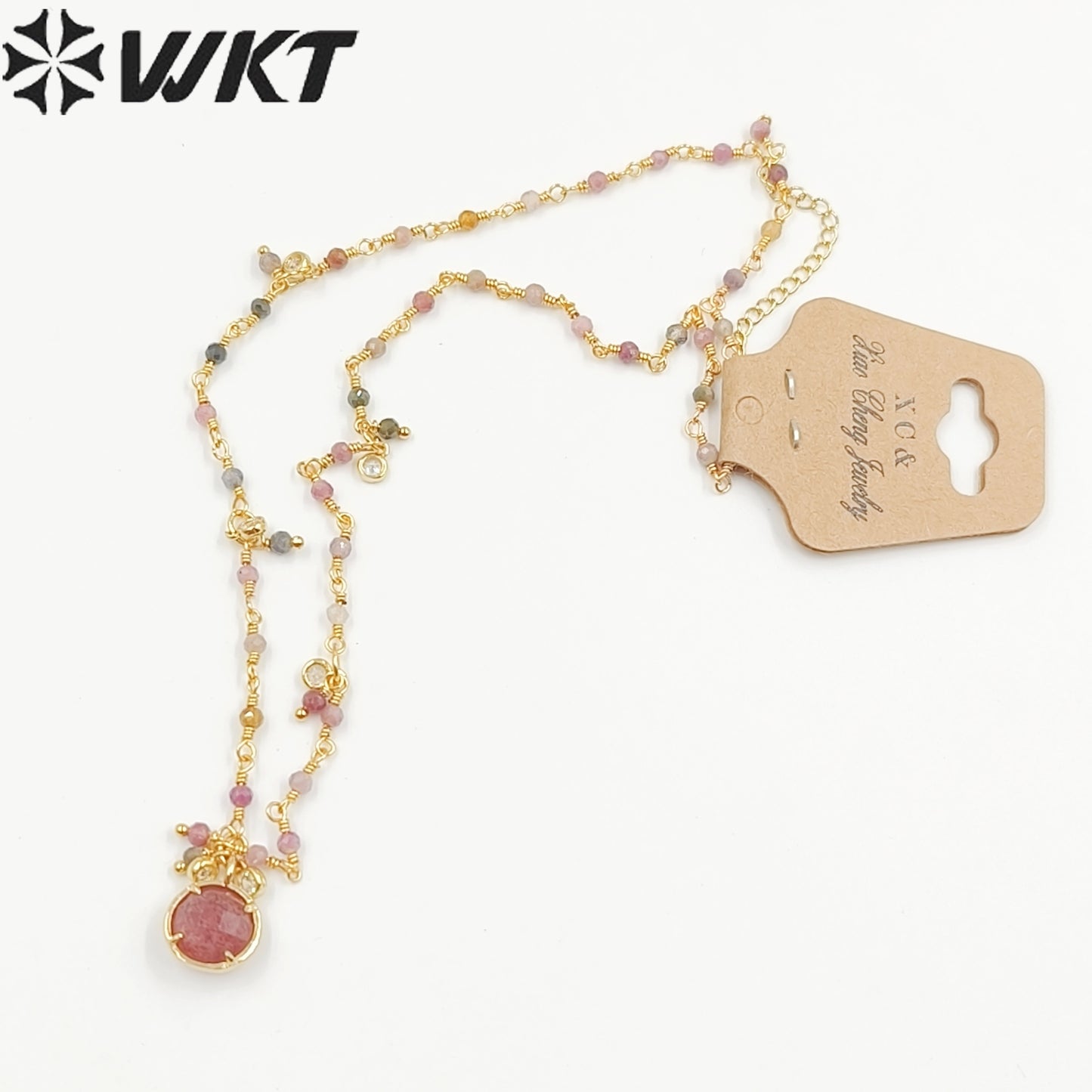 WT-N1431 16+2Inch Extend Chain Long Vubic Zircon Stone18k Yellow Gold Beads Necklace Gemstone Casual Long Statement Necklace
