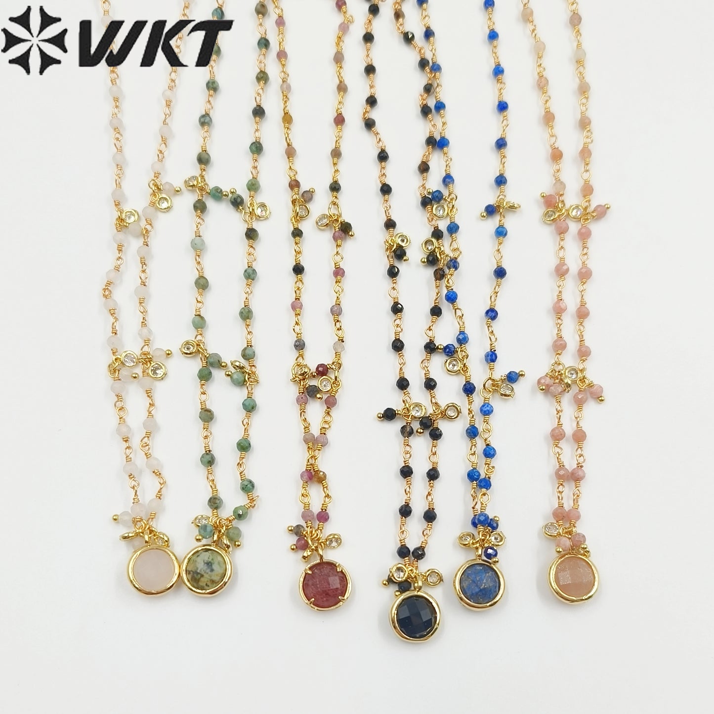 WT-N1431 16+2Inch Extend Chain Long Vubic Zircon Stone18k Yellow Gold Beads Necklace Gemstone Casual Long Statement Necklace