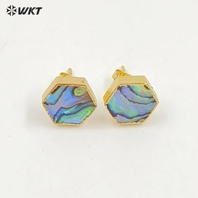 WT-E170 Wholesale Natural Abalone Shell Studs in 18k Real Gold Plated Resist Tarnished Lady Triangle Studs