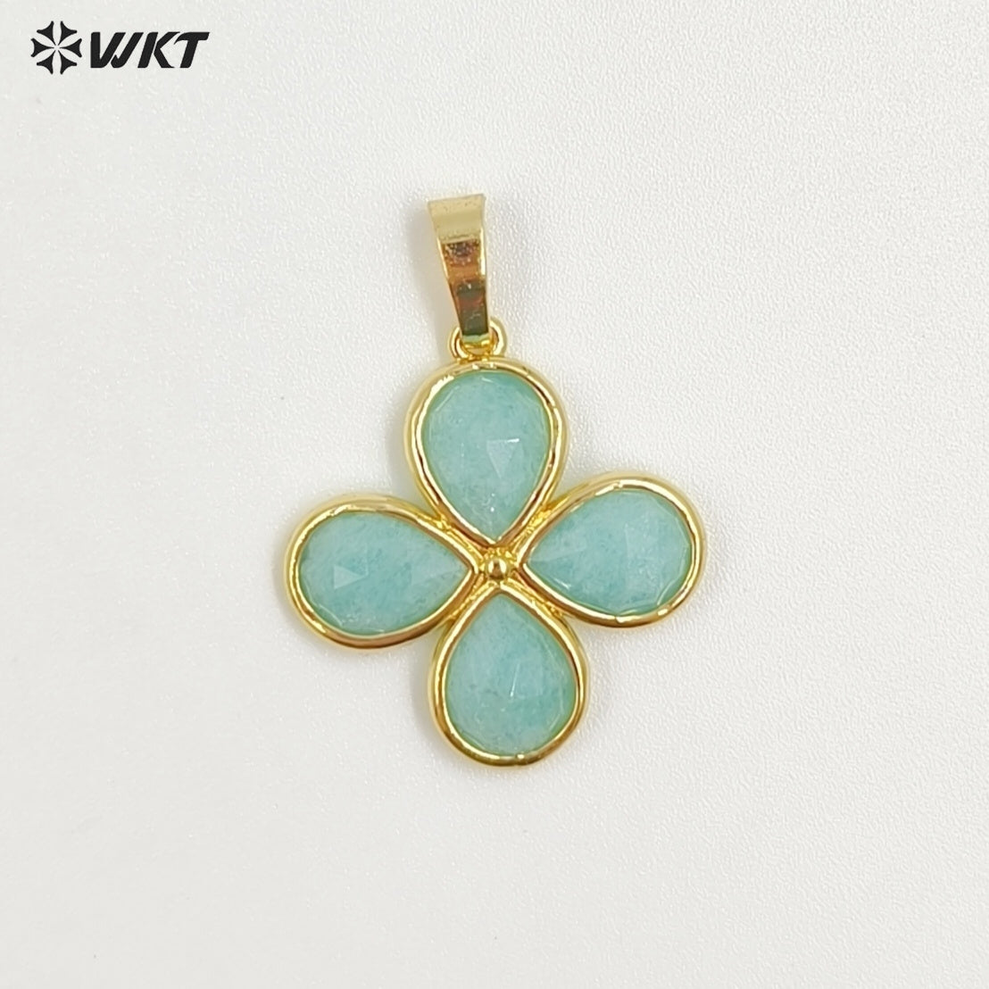 WT-P2031 Romantic Lovely Gold Plated Lucky Four Leaves Clover Flowers Shape Natural Gemstone Pendants For Ladies Necklace DIY