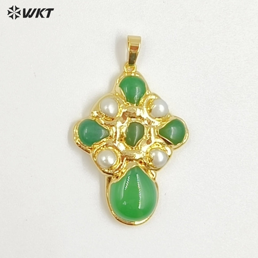 WT-JP384 Specially Designed Religious Unisexual 18K Gold Plated Cross Shaped Pearl and Turquoise Pendant As Daily Decoration