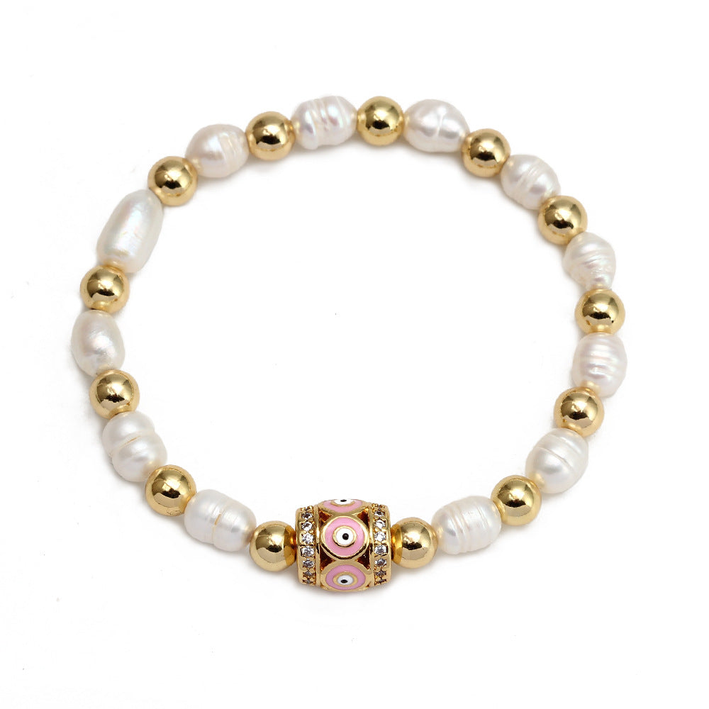 WT-MB123 Gorgeous Enamel Beads Women Bracelets Charming Natural Rice Pearl Beads Strand Bracelet with Turkey Eye Charms