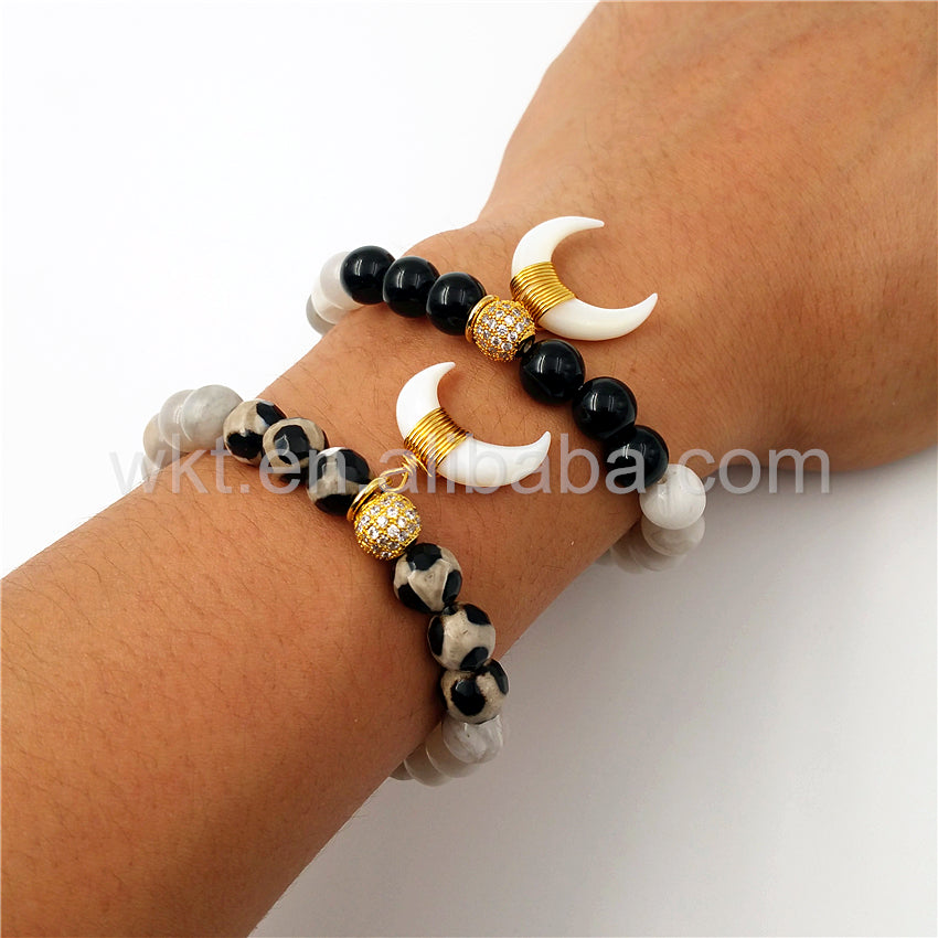 WT-B270 Genuine Natural Crescent Shell Horn Charm Grey Agate Beads Bracelet,Wire Wrapped Shell Bead Bracelet