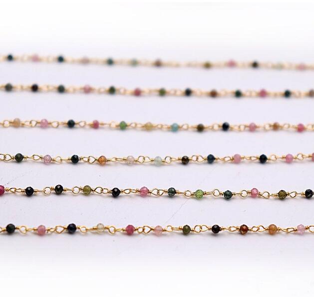 WT-RBC190 Wholesale Fashion Gold Electroplated Colorful Natural Tourmaline Beads Chain Handmade Stone Made Rosary Beads Chain