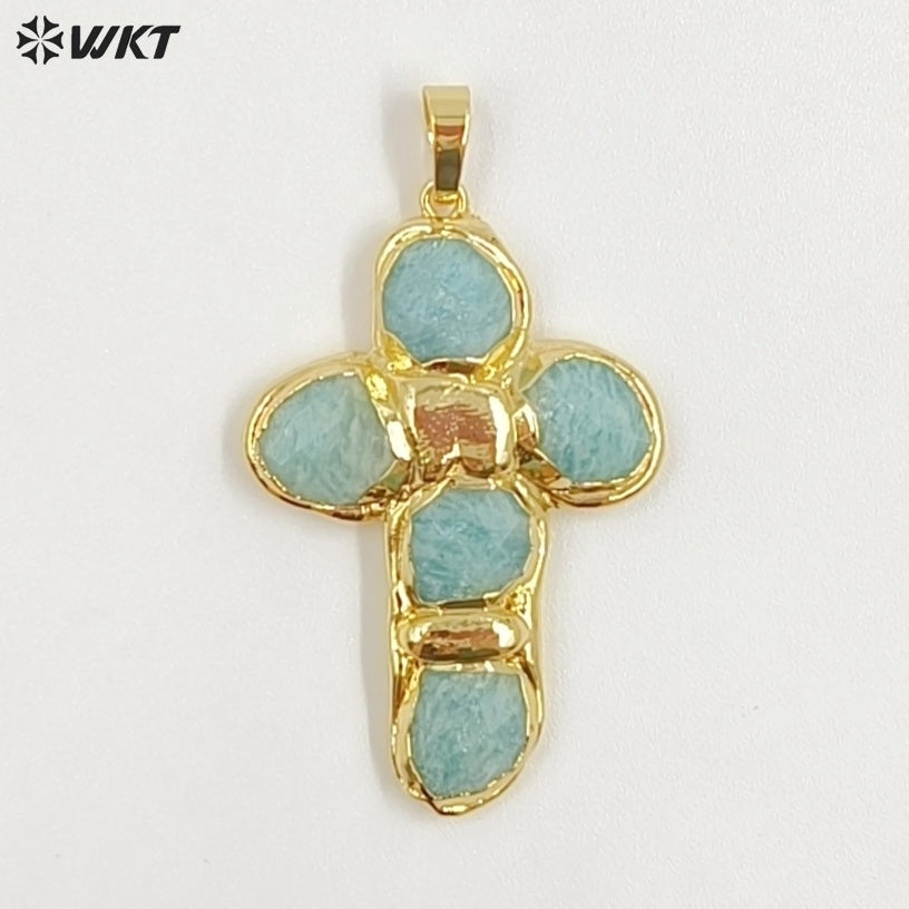 WT-P2027 Amazing Back Full Gold Plated Amazonite Multi Colors Natural Gemstones Cross Shape Pendants For Popular Necklace DIY