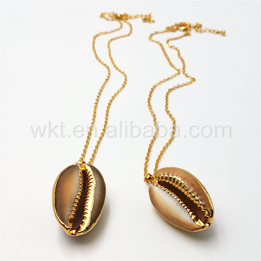 WT-JN018 New Design Brown Cowrie Necklace & Pendant Jewelry,Natural Brown Cowrie Necklace with 18" Gold Chain Necklace Wholesale