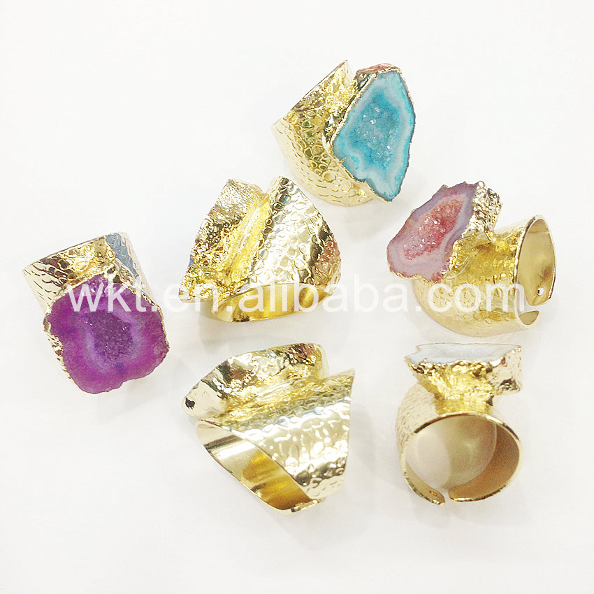 WT-R242 Fashion Design Trendy 24k Gold Plated Natural Druzy Geode Agate Ring Stone Ring