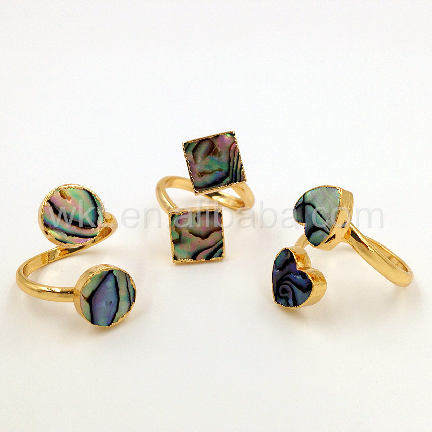 WT-R241 Wholesale 24k Gold Trim Lovely Abalone Shell Ring Double Stone Natural Abalone Shell Ring for Women Wedding Ring