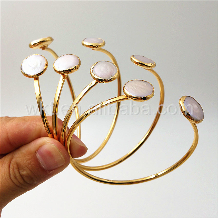 WT-B272 Amazing Elegant Pearl Shell Bracelet,Wholesale 24k Real Gold Plated Double Stone Round Pearl Shell Bracelet for Women