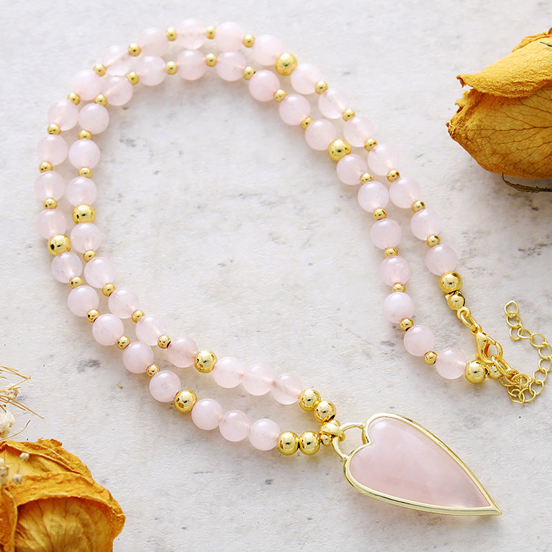 WT-N1487 High Quality Unique Design Hand Strand Round Stone Beads Necklace With Long Heart Pendant in 18 Inch Long