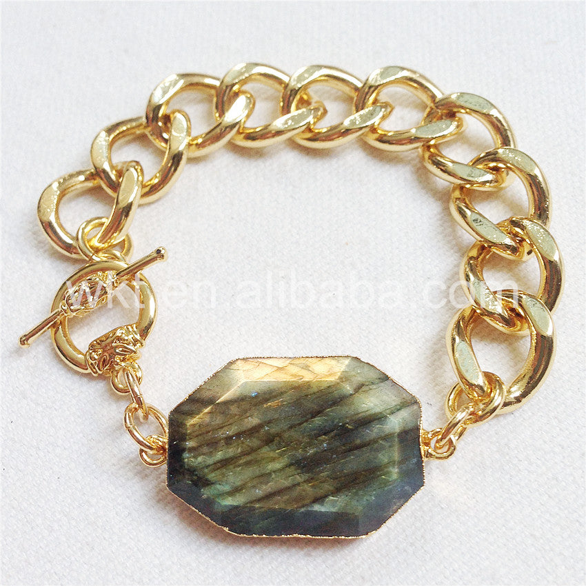 WT-B247 Wholesale High Quality Sparkly Labradorite Stone Bracelet in 24k Real Gold Plated