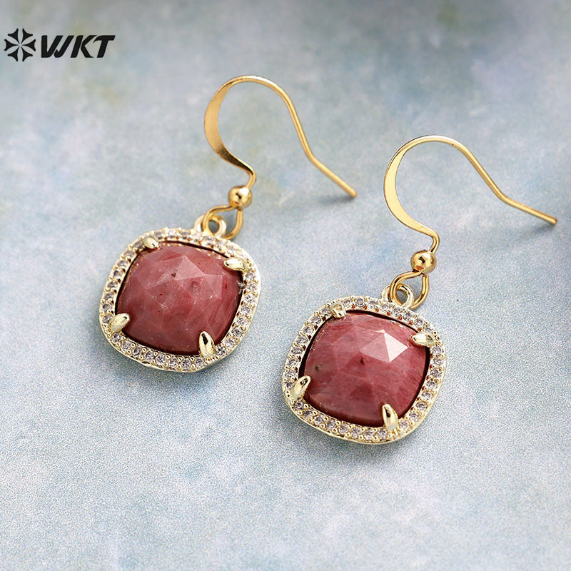 WT-E781 Porcelain High Quality Gemstones Women Earrings Natural Amethyst Amazonite Stone Square Shape For Birthday Gift
