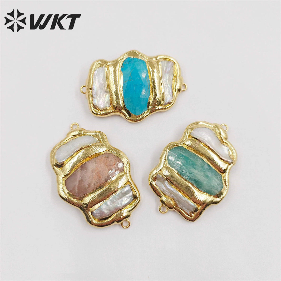 WT-JP248 Wholesale Triple Stone Mix Pearl Design Fashion Women Double Loops Gold Electroplated Stone Connectors for Necklace