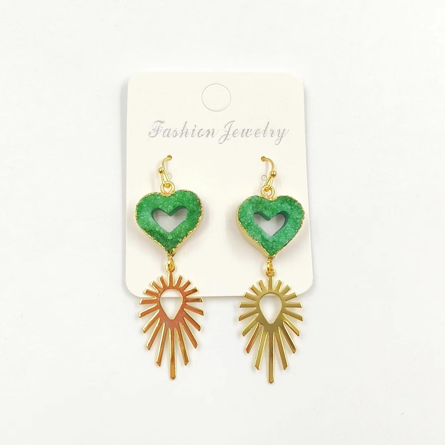 WT-E747 Wholesale Fashion New 18k Gold Plated Hollow Design Lovely Druzy Quartz Made Heart and Leaf Stone Earrings