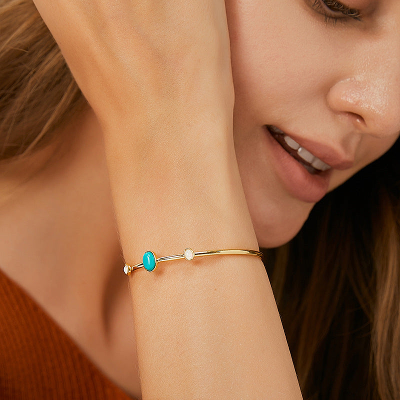 WT-B703 Trendy Modern Style Gold Plated Natural Turquoise And Opal Stone Women Cuff Bangles As Ladies Elegant Jewelry Gift