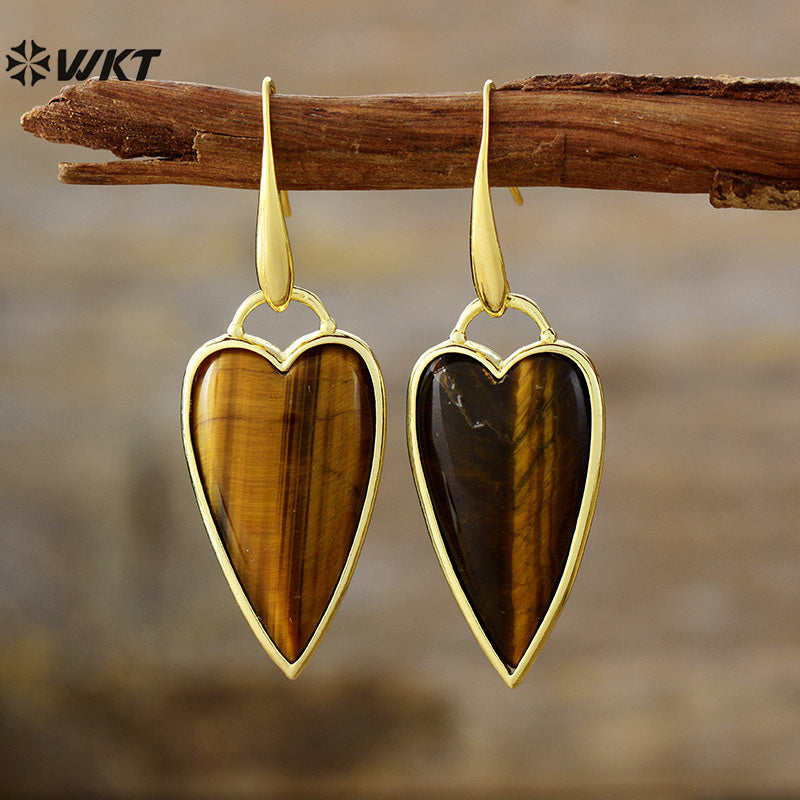 WT-E784 Lovely Design Gold Plated Earrings With Natural Rose Quartz Stone Heart Shape Fashion Ladies Jewelry Wholesale