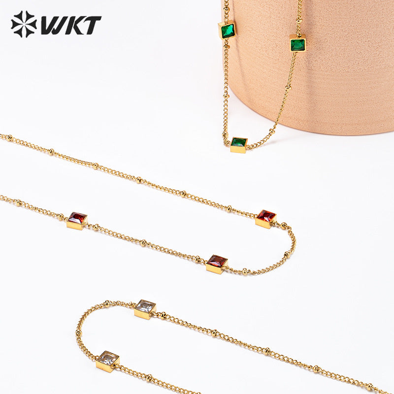 WT-REN035 French Elegant Necklace Square Combination Link Fine Versatile Color Zirconium Pendant Stainless Steel Necklace