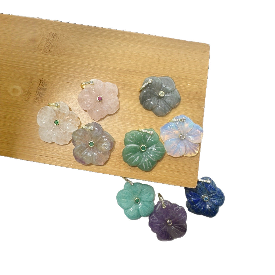WT-P2029 Delicate Fashion Zircon And Natural Gemstones Hand Carved Lovely Flower Shape Pendant For Ladies Jewelry Making