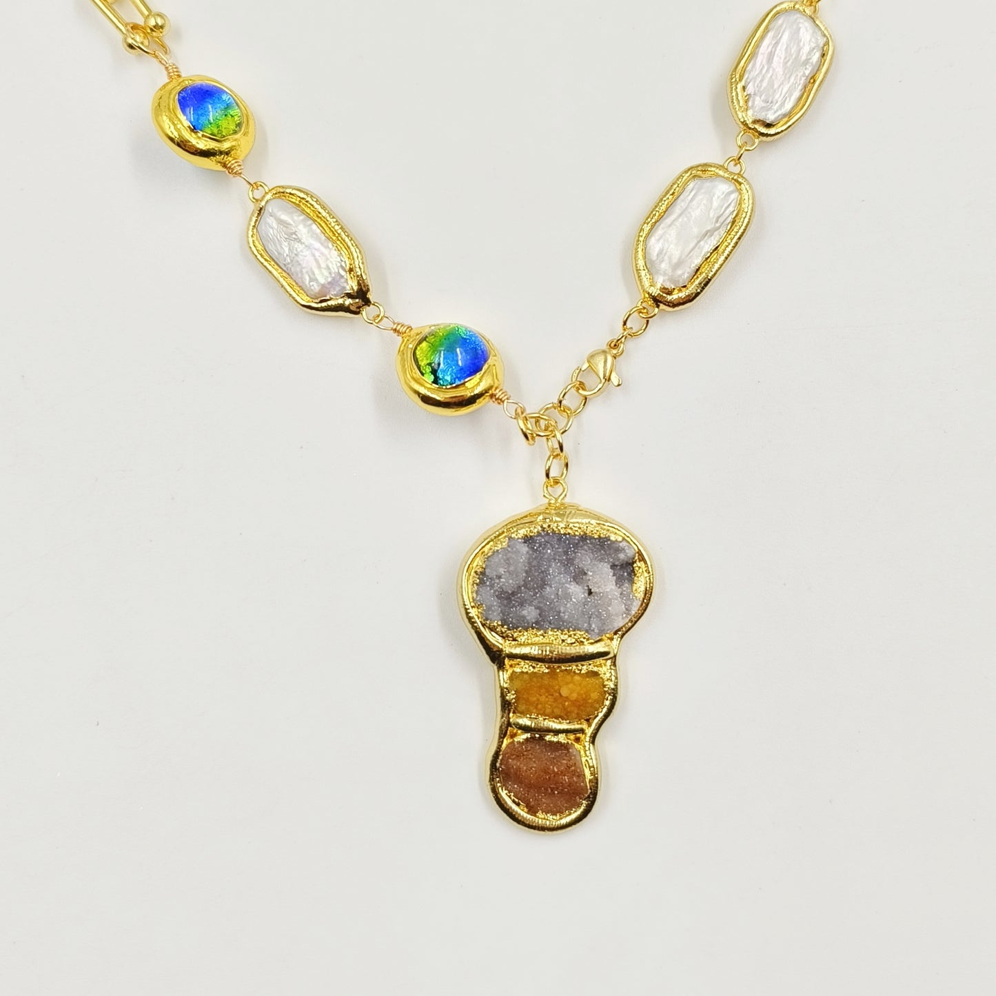 WT-JN257 WKT New Exclusive Design 19 Inch Long Handmade Chain Assemble With Beads Pearl Druzy Agate Pendant Women Necklace