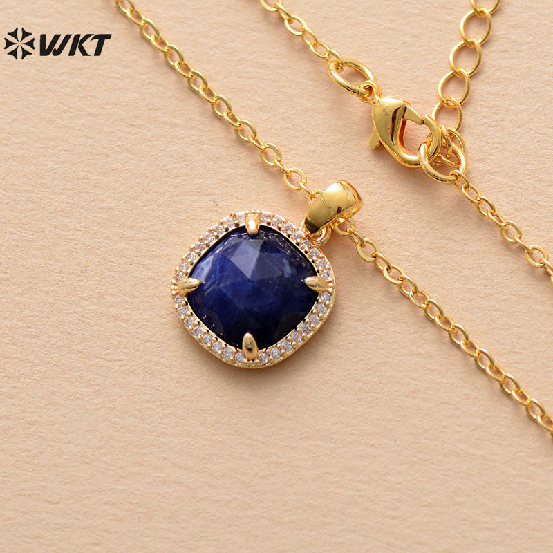 WT-N1488 Fashion Lady Square Micro Pave Setting Natural Amethyst Amazonite Lapis Charm Necklace in 18K Gold Plated