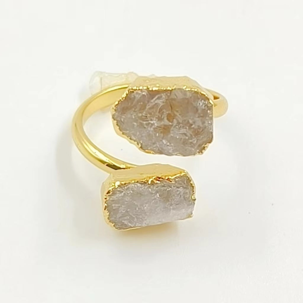 WT-R506 WKT Exclusive Design Double Natural Raw Gemstone Ring Women 18k Gold Plated Quartz Stone Birthday Gift