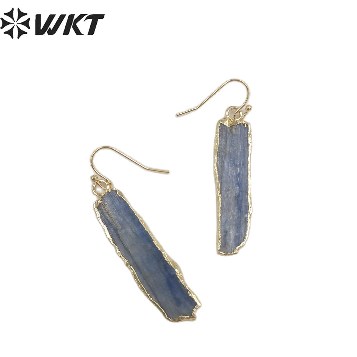 WT-E137 Natural Raw Gemstone Blue Kyanite Earrings, Raw Stone Gold Dipped Earrings for Women Dangle Pendant Earrings