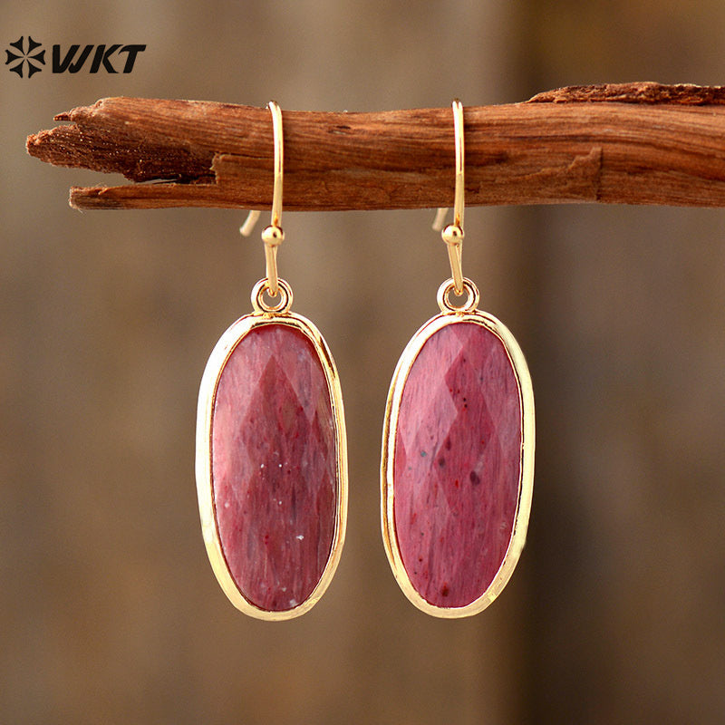 WT-E785 Wholesale Luxury Women Jewelry With Natural Amethyst Stone Long Oval Hoop Earrings Gold Plated For Daily Wearing Style