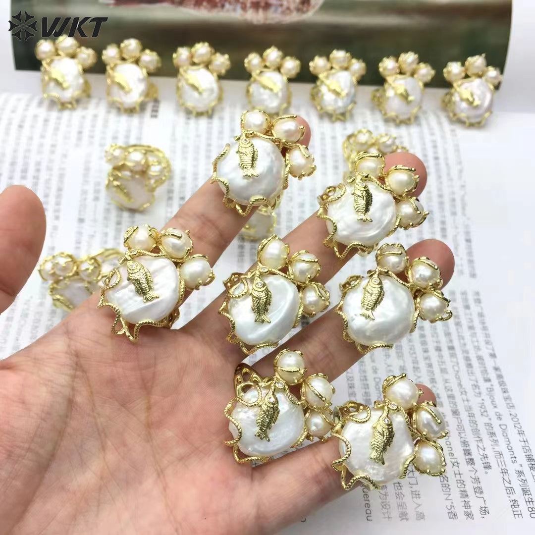 WT-MPR096 New Design 18K Real Gold Plated Resist Tarnishable Natural Freshwater Pearl Claw Setting With Fish Women Ring