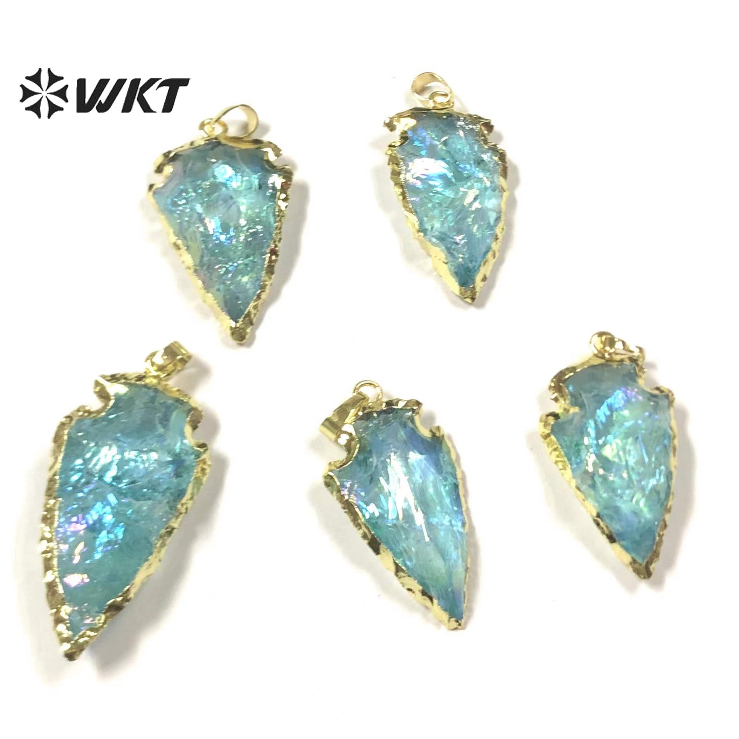 WT-P1776 WKT Original Design Natural Aqua Raw Crystal Quartz Pendants Arrowhead Blue Crystal Pendant Aqua Quartz Pendant